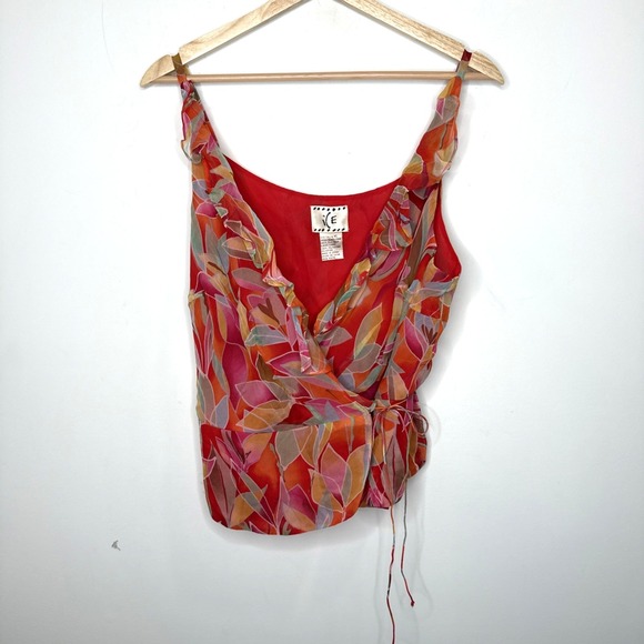 Ice Tops - Y2K iCE 100% Silk Wrap Cami Tank Ruffle Colorful Feminine Dainty Preppy Art XL